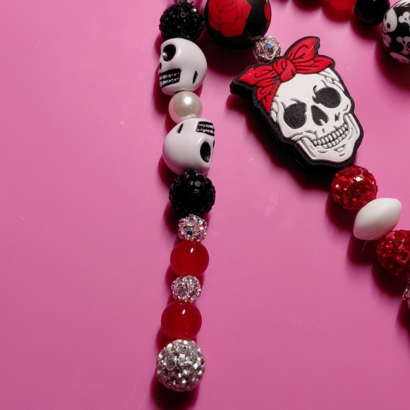 Gothic Skull Beaded Keychain Bag Charm with Rhinstone Bead Accents - Picture 5 of 6